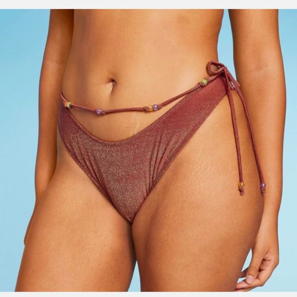 NWT Wild Fable XXS (00) Brown Lurex Sparkly Beaded Bikini Swim Bottom